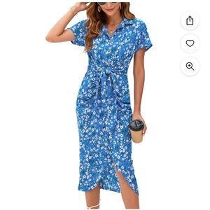 Women's Boho Blue Floral Short Sleeve V Neck Long Maxi Dress-Large- NEW